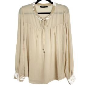 New Doe & Rae Large L Cream Pink Velvet Trim Pleated Long Sleeve Blouse Top